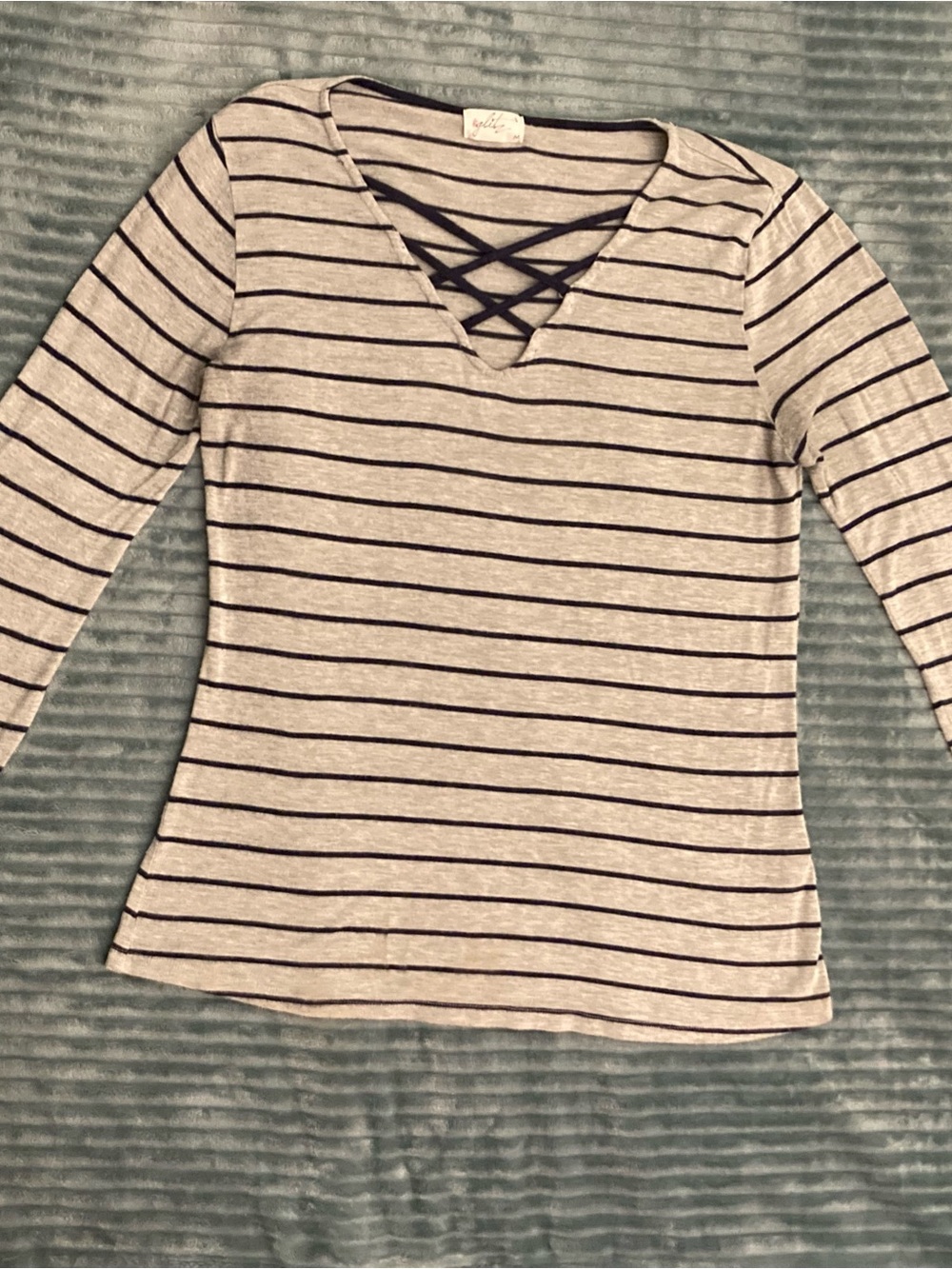 Glitz Gray & Black Striped Crisscross Short Sleeve Top